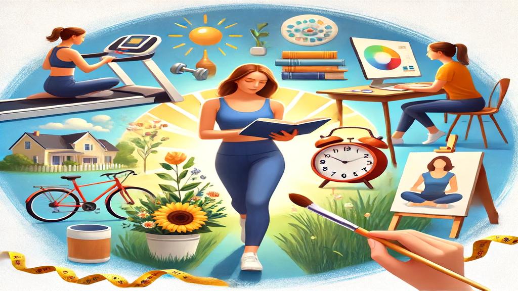 A woman balancing various activities including exercising, reading, painting, gardening, and working on a computer.