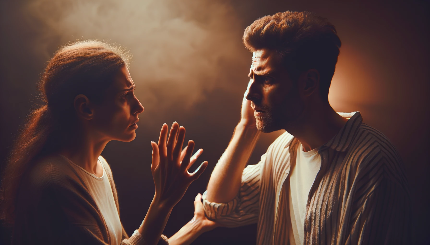 A couple in an emotional argument, with the distressed woman projecting her sadness onto the conflicted man in a dimly lit setting, highlighting their struggle and emotional turmoil.