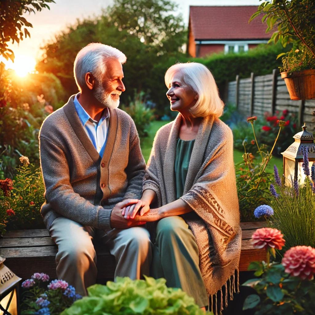 "Golden Moments: A Senior Couple Enjoys a Peaceful Sunset in Their Lush Garden"